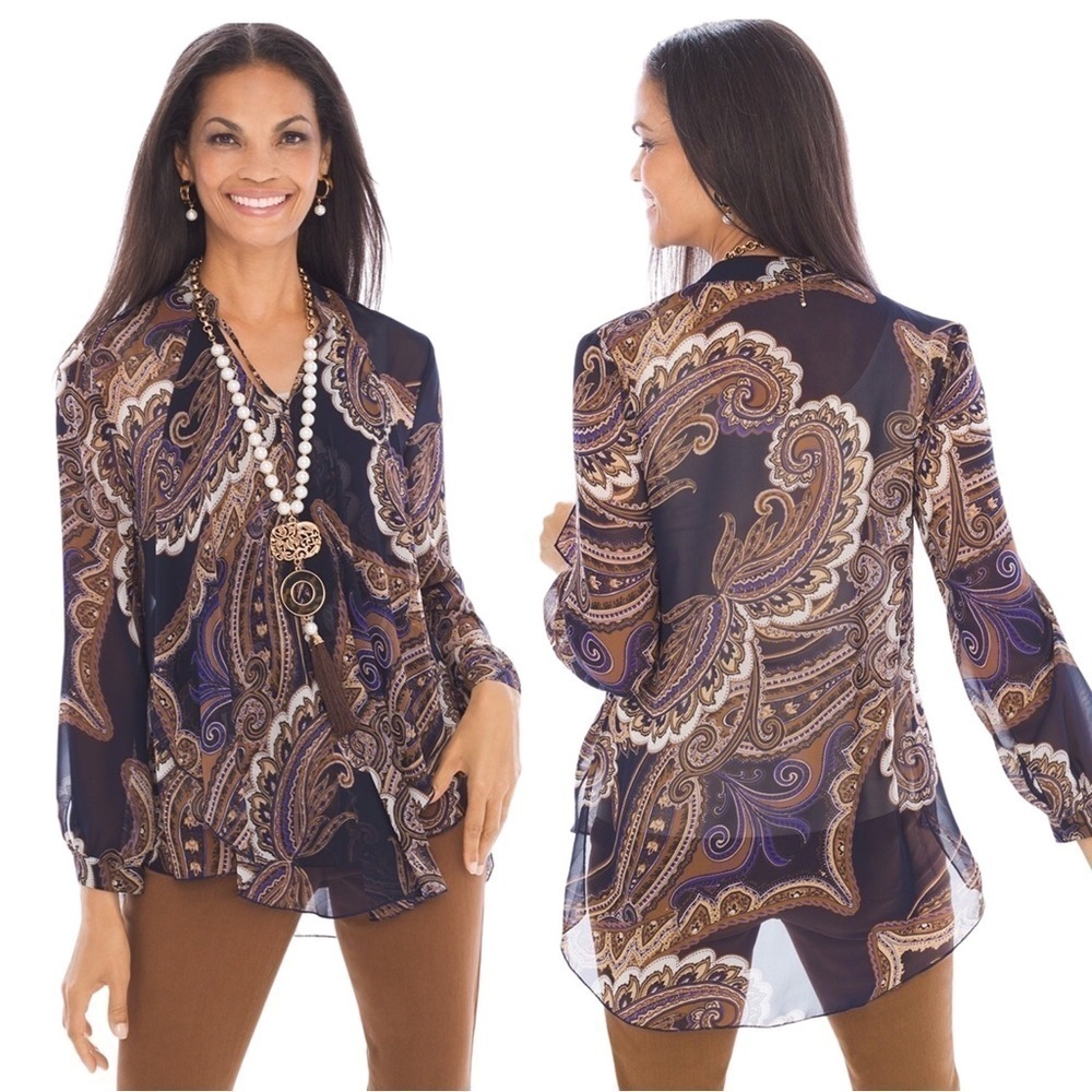 Chico’s Paisley Expressions Drama Long Sleeve Sheer Blouse Top